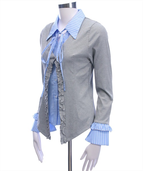 clear（クリア）の「ストライプシャツドッキングカットソー［大人 カジュアル 着回し力抜群］≪AW新作≫（Tシャツ/カットソー・レディース・グレー/ブラック・F）」の5枚目の写真