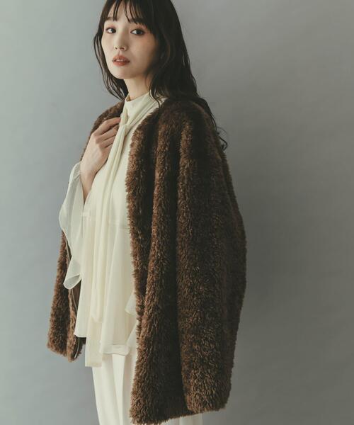 セール】『WEB/一部店舗限定』ノーカラーファーボアZIPブルゾン（ノー