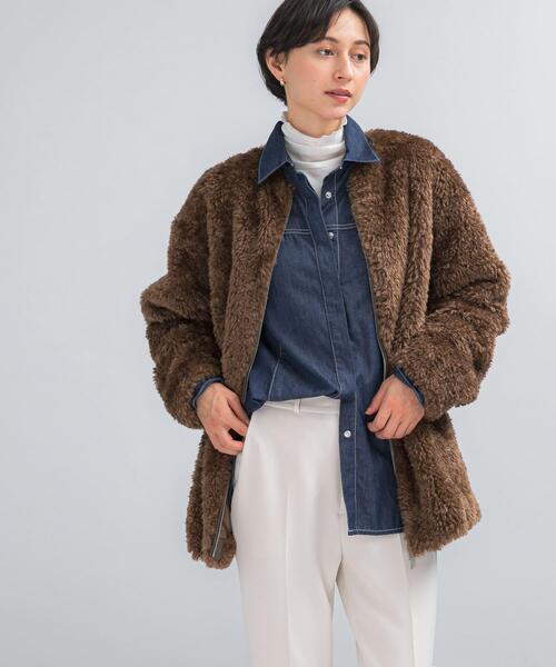 セール】『WEB/一部店舗限定』ノーカラーファーボアZIPブルゾン（ノー