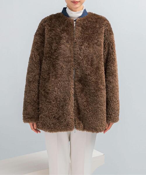 セール】『WEB/一部店舗限定』ノーカラーファーボアZIPブルゾン（ノー