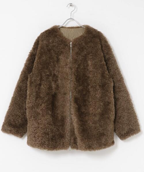 セール】『WEB/一部店舗限定』ノーカラーファーボアZIPブルゾン（ノー