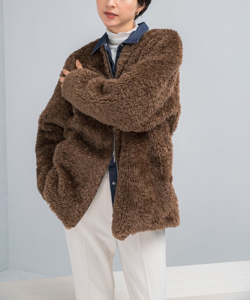 WEB限定』ノーカラーファーボアZIPブルゾン（ノーカラージャケット