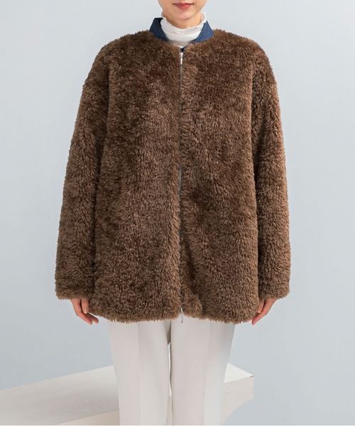ノーカラ―サファリブルゾン WEB限定』ノーカラーファーボアZIPブルゾン（ノーカラー