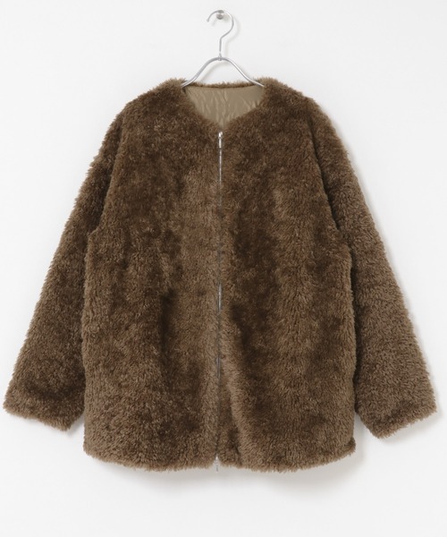 ノーカラ―サファリブルゾン WEB限定』ノーカラーファーボアZIPブルゾン（ノーカラー