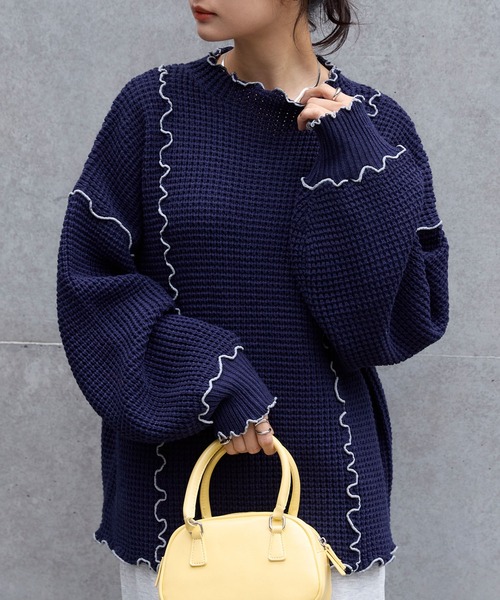 未使用 MARK & LONA ベロア ハイネック 48 L相当 ネイビー NARU(ナル)ランダムリブニットハイネック 650705 | メディア掲載