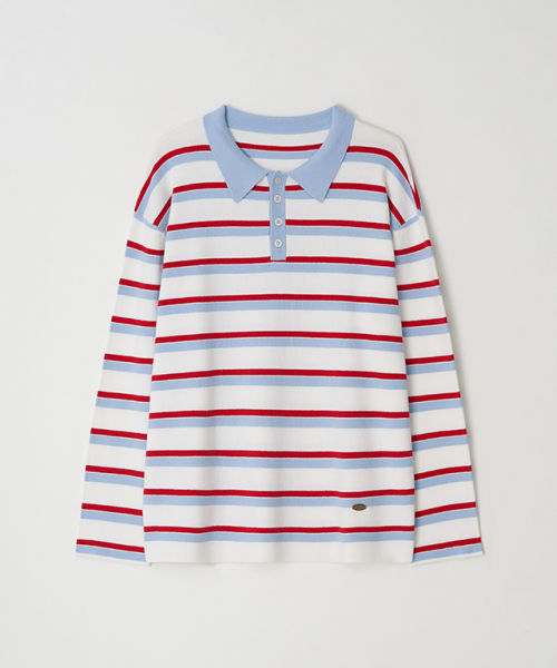 RUGBY COLLAR LOOSE FIT — вязаная рубашка с воротником регби, белая с красной полосой