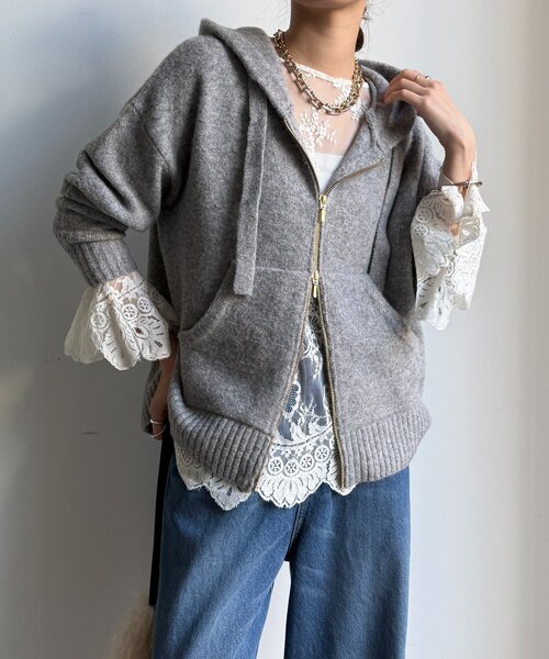 DouDou（ドゥドゥ）の「ホイップヤーンジップフーディー（カーディガン/ボレロ・レディース・チャコールグレー/ホワイト系その他/グレイッシュベージュ・FREE）」の3枚目の写真