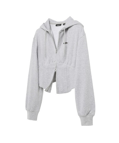 Opening Project(オープニングプロジェクト)の「W Corset Hood Zip-up / コルセットデザイン ワンポイント刺繍 ジップアップフーディー(パーカー・レディース・グレー/カーキ・S/M)」の13枚目の写真