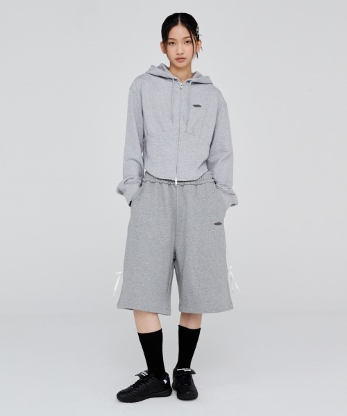 Opening Project(オープニングプロジェクト)の「W Corset Hood Zip-up / コルセットデザイン ワンポイント刺繍 ジップアップフーディー(パーカー・レディース・グレー/カーキ・S/M)」の3枚目の写真