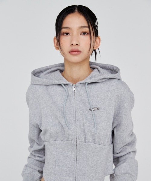 Opening Project(オープニングプロジェクト)の「W Corset Hood Zip-up / コルセットデザイン ワンポイント刺繍 ジップアップフーディー(パーカー・レディース・グレー/カーキ・S/M)」の6枚目の写真