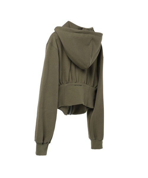 Opening Project(オープニングプロジェクト)の「W Corset Hood Zip-up / コルセットデザイン ワンポイント刺繍 ジップアップフーディー(パーカー・レディース・グレー/カーキ・S/M)」の17枚目の写真