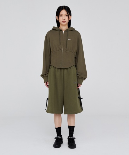 Opening Project(オープニングプロジェクト)の「W Corset Hood Zip-up / コルセットデザイン ワンポイント刺繍 ジップアップフーディー(パーカー・レディース・グレー/カーキ・S/M)」の7枚目の写真