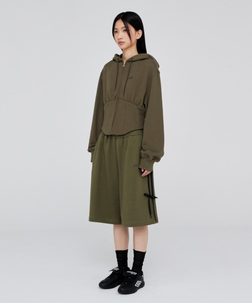 Opening Project(オープニングプロジェクト)の「W Corset Hood Zip-up / コルセットデザイン ワンポイント刺繍 ジップアップフーディー(パーカー・レディース・グレー/カーキ・S/M)」の8枚目の写真