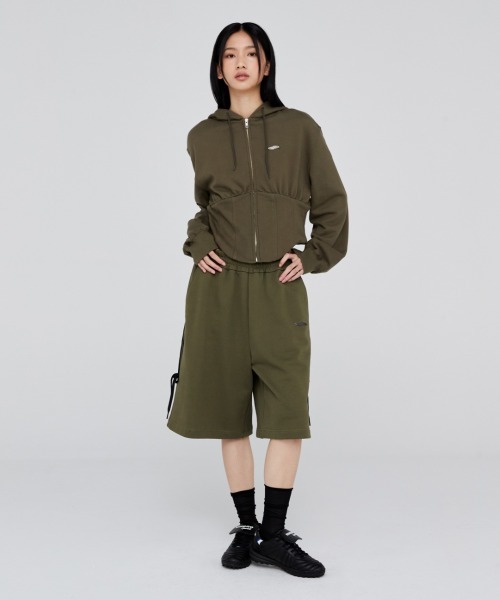Opening Project(オープニングプロジェクト)の「W Corset Hood Zip-up / コルセットデザイン ワンポイント刺繍 ジップアップフーディー(パーカー・レディース・グレー/カーキ・S/M)」の10枚目の写真