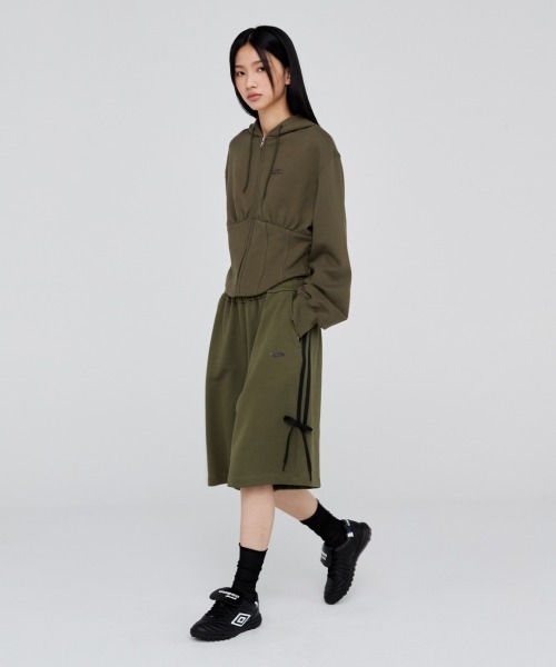 Opening Project(オープニングプロジェクト)の「W Corset Hood Zip-up / コルセットデザイン ワンポイント刺繍 ジップアップフーディー(パーカー・レディース・グレー/カーキ・S/M)」の11枚目の写真