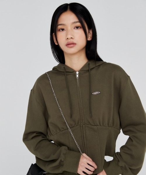 Opening Project(オープニングプロジェクト)の「W Corset Hood Zip-up / コルセットデザイン ワンポイント刺繍 ジップアップフーディー(パーカー・レディース・グレー/カーキ・S/M)」の12枚目の写真