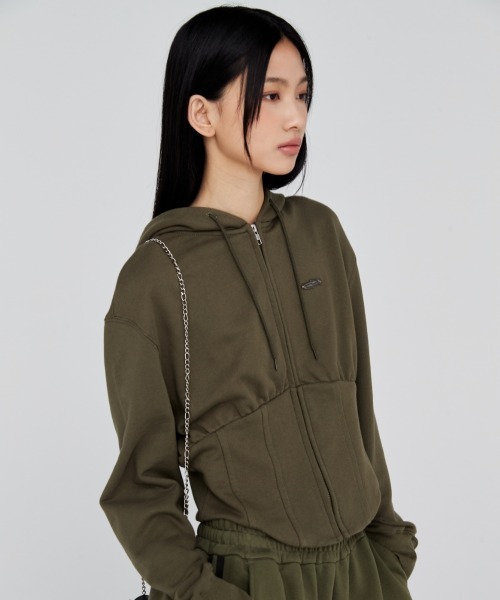 Opening Project(オープニングプロジェクト)の「W Corset Hood Zip-up / コルセットデザイン ワンポイント刺繍 ジップアップフーディー(パーカー・レディース・グレー/カーキ・S/M)」の20枚目の写真