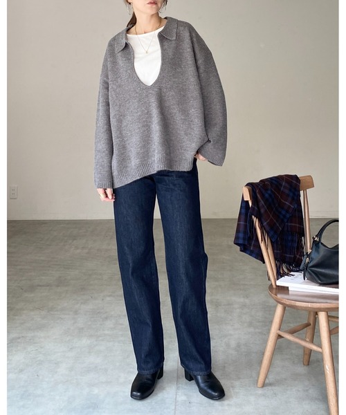 She's Closet(シーズクローゼット)の「深vネック長袖オーバーサイズスキッパーポロニット&ミニスカートセットアップ(セットアップ・レディース・ブラウン/ベージュ/グレー/ブラック・FREE)」の8枚目の写真