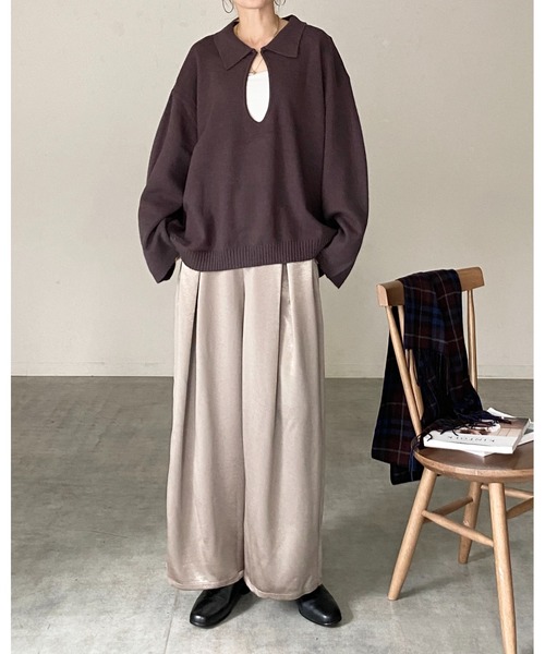 She's Closet(シーズクローゼット)の「深vネック長袖オーバーサイズスキッパーポロニット&ミニスカートセットアップ(セットアップ・レディース・ブラウン/ベージュ/グレー/ブラック・FREE)」の14枚目の写真