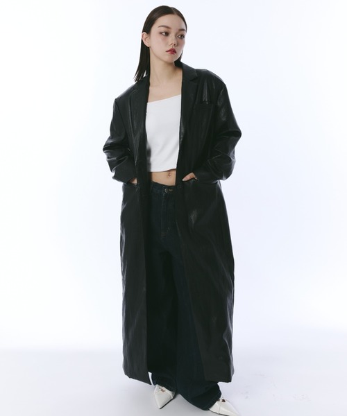 JUST A NOON（ジャストアヌーン）の「フェイクレザーテーラードロングコート（その他アウター・レディース・バーガンディー/ブラック・FREE）」の7枚目の写真