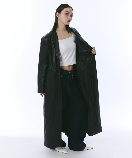 JUST A NOON（ジャストアヌーン）の「フェイクレザーテーラードロングコート（その他アウター・レディース・バーガンディー/ブラック・FREE）」の6枚目の写真