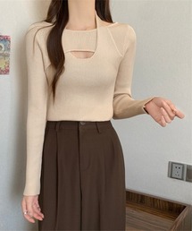 ニットトップス ホルターネックリブニット