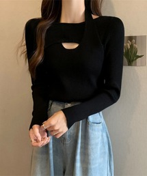 ニットトップス ホルターネックリブニット