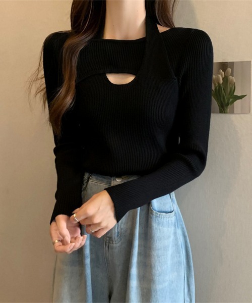 Miniministore（ミニミニストア）の「ニットトップス ホルターネックリブニット（ニット/セーター・レディース・オリーブ/ホワイト/ベージュ/ブラック・FREE）」の3枚目の写真