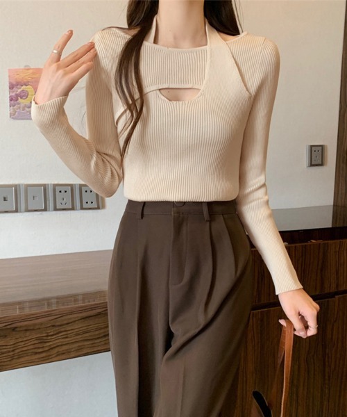 Miniministore（ミニミニストア）の「ニットトップス ホルターネックリブニット（ニット/セーター・レディース・オリーブ/ホワイト/ベージュ/ブラック・FREE）」の8枚目の写真