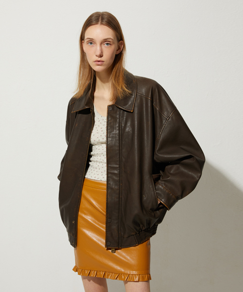 セール】465-1 VINTAGE COATED LEATHER LOOSE FIT JUMPER_BROWN
