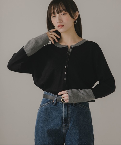 210nouve（トゥージュヌーブ）の「配色 ヘンリーネック ニット プルオーバー（ニット/セーター・レディース・チャコールグレー/ネイビー/グレー/ブラック・FREE）」の2枚目の写真