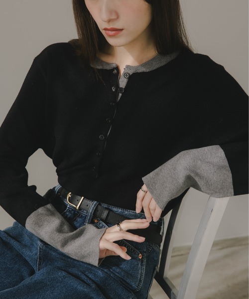 セール】配色 ヘンリーネック ニット プルオーバー（ニット/セーター