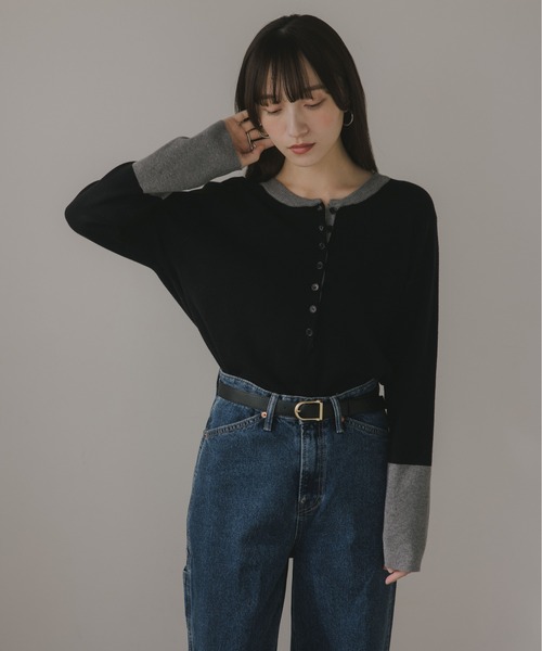 210nouve（トゥージュヌーブ）の「配色 ヘンリーネック ニット プルオーバー（ニット/セーター・レディース・チャコールグレー/ネイビー/グレー/ブラック・FREE）」の13枚目の写真