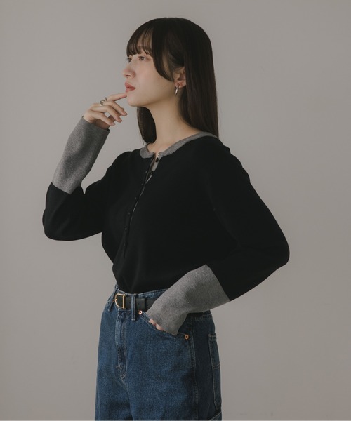 210nouve（トゥージュヌーブ）の「配色 ヘンリーネック ニット プルオーバー（ニット/セーター・レディース・チャコールグレー/ネイビー/グレー/ブラック・FREE）」の16枚目の写真