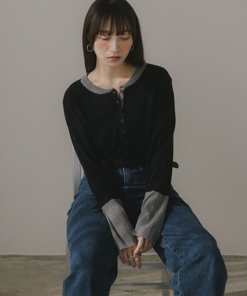 210nouve（トゥージュヌーブ）の「配色 ヘンリーネック ニット プルオーバー（ニット/セーター・レディース・チャコールグレー/ネイビー/グレー/ブラック・FREE）」の15枚目の写真