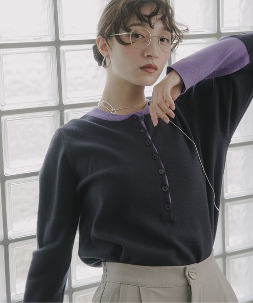 セール】配色 ヘンリーネック ニット プルオーバー（ニット/セーター