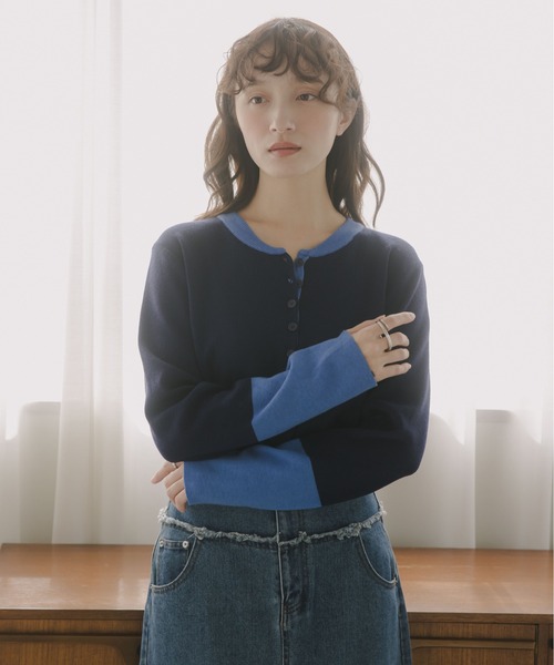 210nouve（トゥージュヌーブ）の「配色 ヘンリーネック ニット プルオーバー（ニット/セーター・レディース・チャコールグレー/ネイビー/グレー/ブラック・FREE）」の12枚目の写真