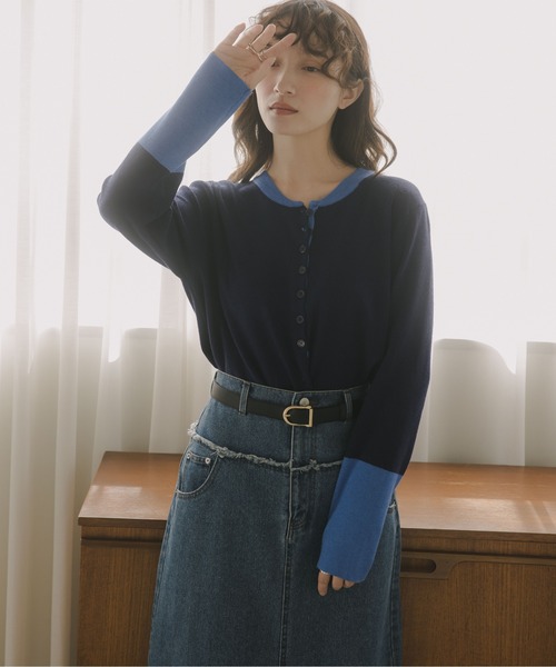 210nouve（トゥージュヌーブ）の「配色 ヘンリーネック ニット プルオーバー（ニット/セーター・レディース・チャコールグレー/ネイビー/グレー/ブラック・FREE）」の9枚目の写真