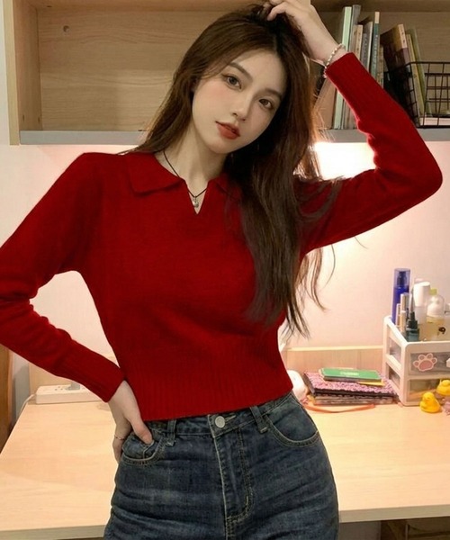 セール】ショート丈 襟付きニット Vネック 薄手（ニット/セーター