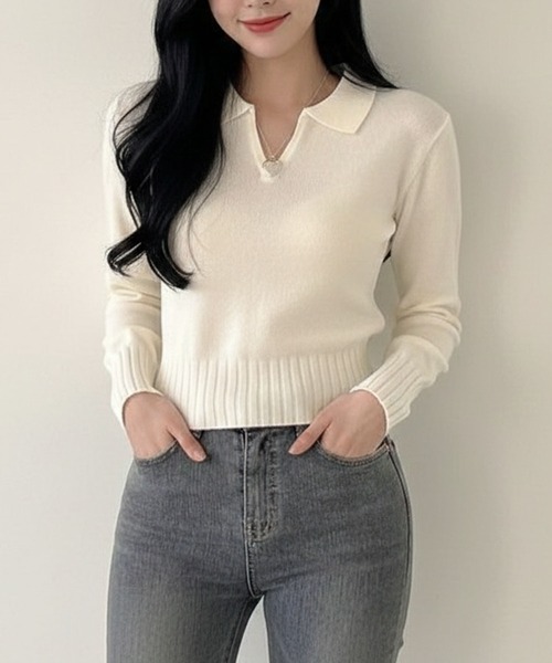 セール】ショート丈 襟付きニット Vネック 薄手（ニット/セーター