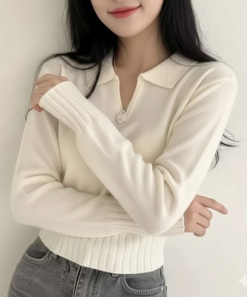 WESTSEA（ウエストシー）の「ショート丈 襟付きニット Vネック 薄手（ニット/セーター・レディース・ブラック/オフホワイト/グレー/レッド・FREE）」の6枚目の写真