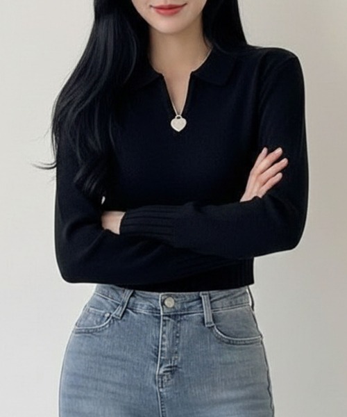 WESTSEA（ウエストシー）の「ショート丈 襟付きニット Vネック 薄手（ニット/セーター・レディース・ブラック/オフホワイト/グレー/レッド・FREE）」の11枚目の写真