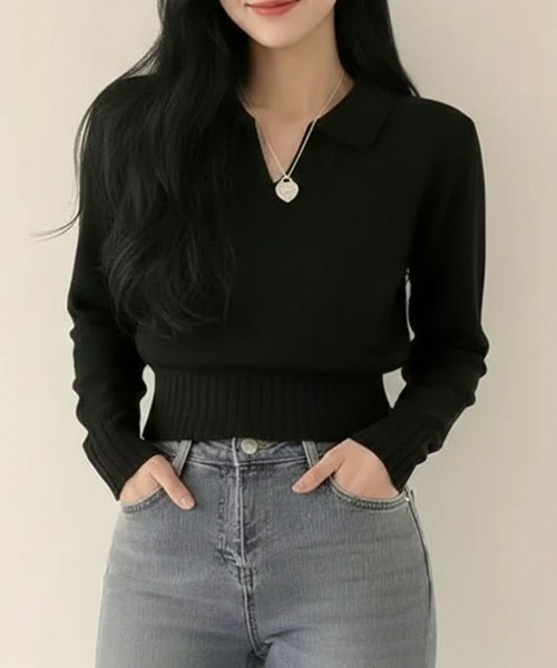 WESTSEA（ウエストシー）の「ショート丈 襟付きニット Vネック 薄手（ニット/セーター・レディース・ブラック/オフホワイト/グレー/レッド・FREE）」の12枚目の写真