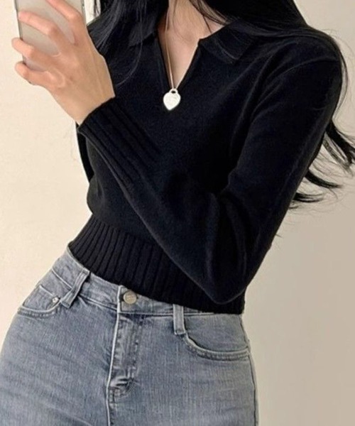 WESTSEA（ウエストシー）の「ショート丈 襟付きニット Vネック 薄手（ニット/セーター・レディース・ブラック/オフホワイト/グレー/レッド・FREE）」の13枚目の写真