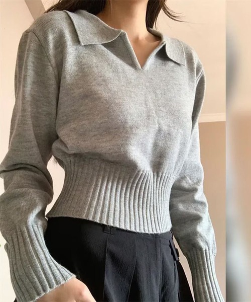 WESTSEA（ウエストシー）の「ショート丈 襟付きニット Vネック 薄手（ニット/セーター・レディース・ブラック/オフホワイト/グレー/レッド・FREE）」の18枚目の写真