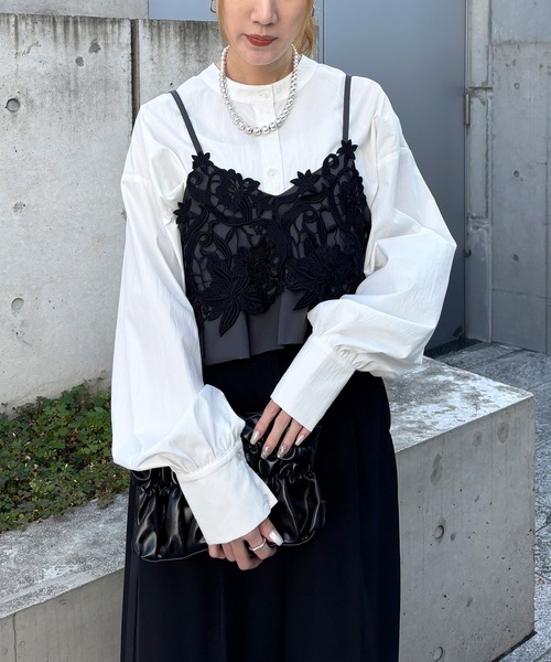 ISOOK（アイスー）の「【ISOOK / アイスー】レースデザインキャミソールビスチェ / キャミソール 重ね着 レイヤード プリーツ お呼ばれ オケージョン 結婚式 二次会 同窓会 セットアップ 春服 ブラック グレー（その他トップス・レディース・ブラック/グレー・FREE）」の6枚目の写真