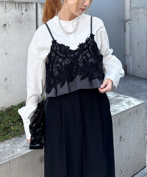 ISOOK（アイスー）の「【ISOOK / アイスー】レースデザインキャミソールビスチェ / キャミソール 重ね着 レイヤード プリーツ お呼ばれ オケージョン 結婚式 二次会 同窓会 セットアップ 春服 ブラック グレー（その他トップス・レディース・ブラック/グレー・FREE）」の16枚目の写真
