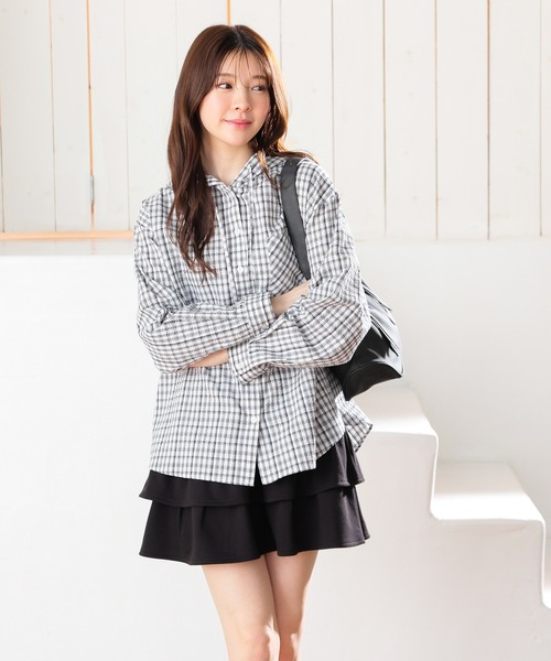 Honeys(ハニーズ)の「フード付チェックシャツ(シャツ/ブラウス・レディース・ネイビー系/ホワイト×ブラック/ホワイト系その他/グリーン系その他・S/M/LL/L)」の12枚目の写真