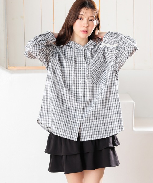 Honeys(ハニーズ)の「フード付チェックシャツ(シャツ/ブラウス・レディース・ネイビー系/ホワイト×ブラック/ホワイト系その他/グリーン系その他・S/M/LL/L)」の13枚目の写真