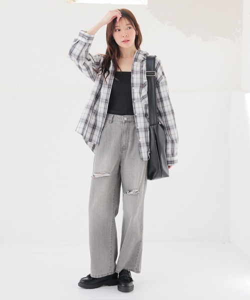 Honeys(ハニーズ)の「フード付チェックシャツ(シャツ/ブラウス・レディース・ネイビー系/ホワイト×ブラック/ホワイト系その他/グリーン系その他・S/M/LL/L)」の14枚目の写真